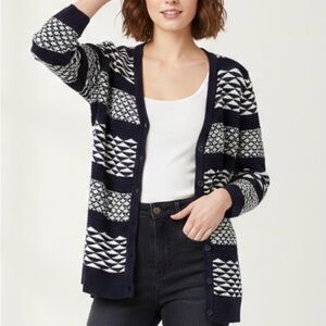 Merona Women's Geometric Knit Cardigan Sweater Navy Blue White Button Up Cotton